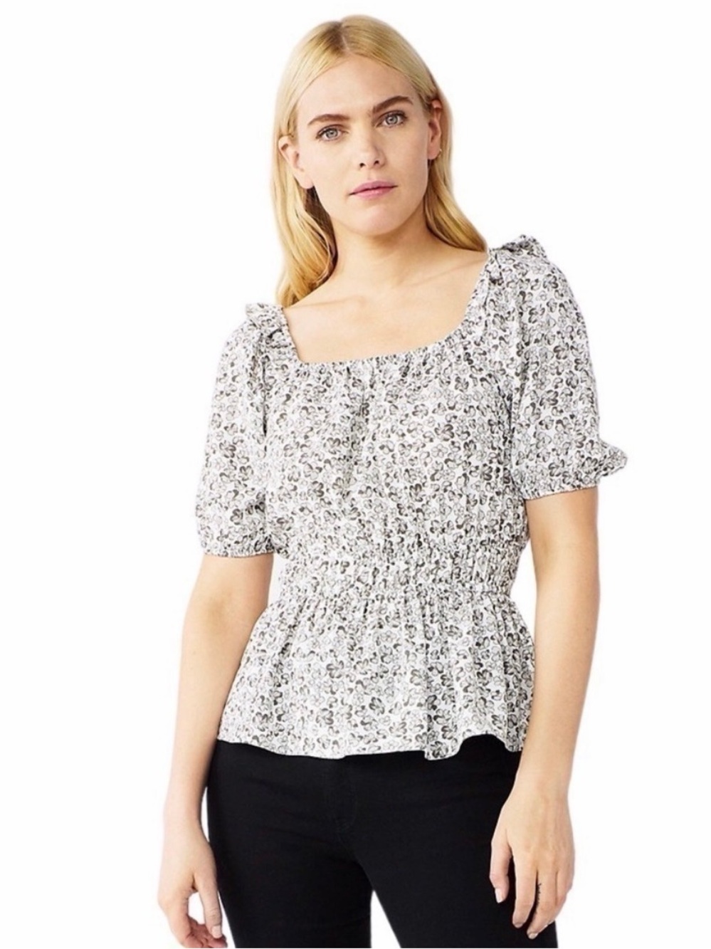 Nine West M peplum TOP gray & white floral Short Puff sleeves EUC EasyCare